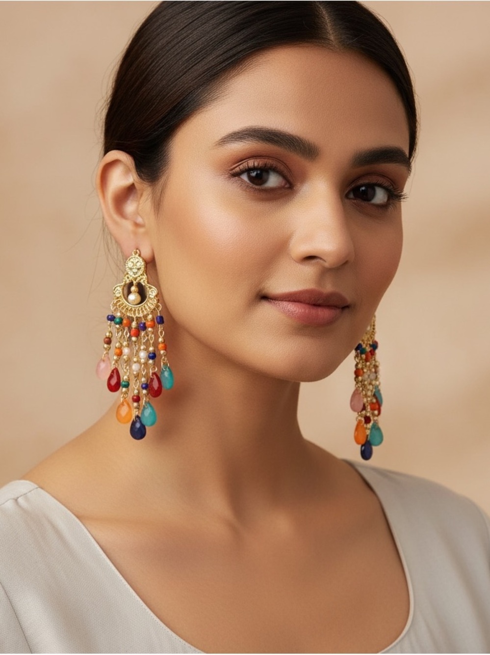 Multi-Color Gold-Tone Chandbali Drop Earrings